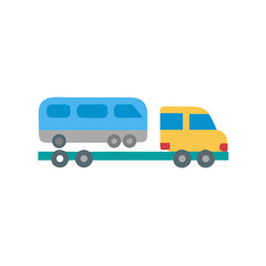 Flat Vector Illustration of a Train Car Being Hauled on a Flatbed Truck