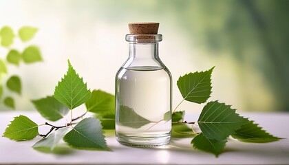 a clear glass bottle filled with birch sap accompanied by fresh green birch leaves on a soft neutral background