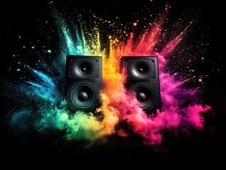 Vibrant audio experience two speakers surrounded by colorful powder explosion on a black background