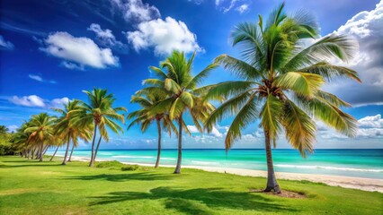 Fototapeta premium Sunny day at Varadero beach Cuba palm trees sway gently in breeze beside sparkling crystal clear water and vibrant green grass, tropical, beach