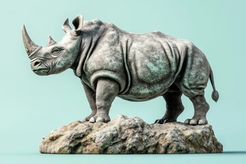 Fototapeta premium Gray rhinoceros sculpture on a rocky outcrop.