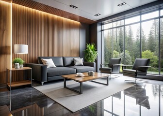 Sleek Modern Sitting Room: Black & White Interior with Hemlock Wood Accents and Grey Epoxy Floor
