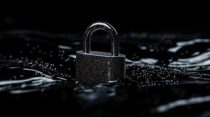 Black padlock submerged in dark water surrounded by bubbles floating in a mysterious background