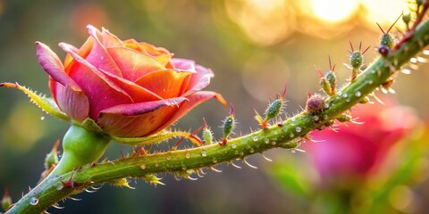 A close-up shot of a rose stem with tiny aphids being gently blown away by a soft breeze in the autumn garden, gardening tips, rose care