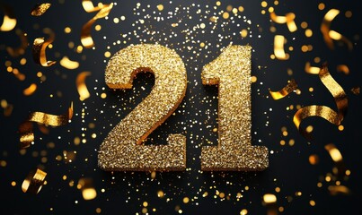 Golden Glittering 21 with Confetti for Celebration and Birthday Events