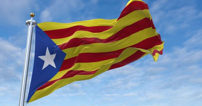 Estelada flag with flagpole waving in wind, rolling clouds background looping, 4K video (Perfect Loop)