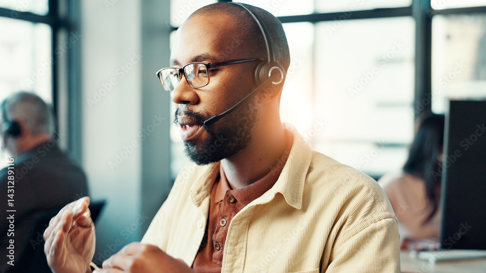 Poster customer service, man and talking with microphone at call center for product advice, discussion and 