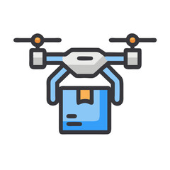 Delivery Drone with Package Icon Isolated on Black Background, Flat Design