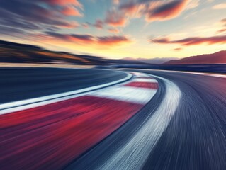 Dynamic Motion on Asphalt Race Track at Sunset Capturing Speed Excitement and Competitive Spirit in Motorsport