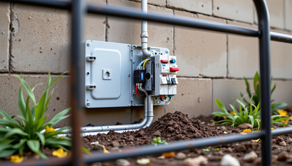 Electrical panel installation with wiring and plants nearby, showcasing proper grounding