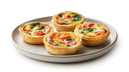 Four mini quiches on a plate, showcasing savory fillings.