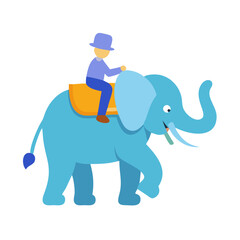 Blue Elephant Ride: Cartoon Illustration of Man Riding an Elephant on Black