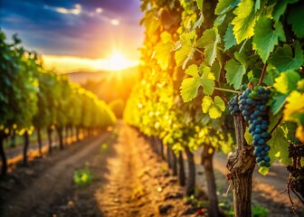 Sun-Drenched Vineyard: Rows of Grapevines, Lush Foliage, Agricultural Background