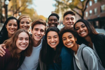 Portrait of a smiling diverse group of students infornt of university in usa