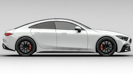 Fototapeta premium White car side view on a white background sleek modern design vehicle.