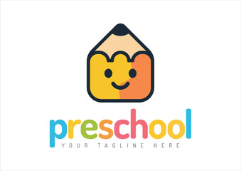 preschool cute smile pencil kids logo design template