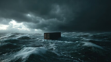 Dark, ominous sea surrounds solitary shipping container.