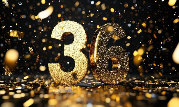 Golden Glittering Number 36 Surrounded by Sparkling Confetti