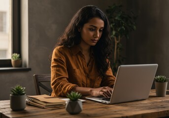 Woman in Ochre Shirt Focused on Laptop at Desk