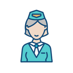 Icon Illustration of a Stewardess in Blue Uniform on Black Background