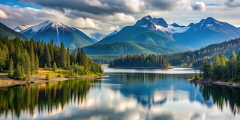 Fototapeta premium Muted hues of British Columbia landscape with mountains and lake, forest, lake, forest