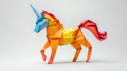 Vibrant origami unicorn, folded from colorful paper.