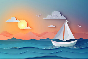Naklejka premium Papercraft sailboat on a wavy sea at sunset.