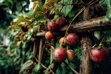Obraz premium Red apples hanging from a tree in an orchard on a sunny day.