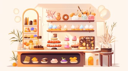 Colorful bakery display with various sweets