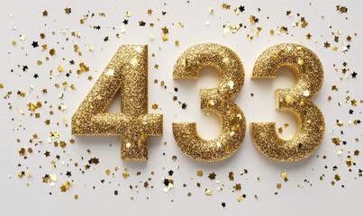 Golden Glitter Numbers Surrounded by Stars and Confetti on White Background
