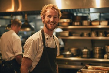 Fototapeta premium Portrait of smiling American chef in restaurant kitchen