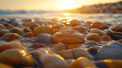 Obraz premium Sunset over ocean, wet pebbles on shore.