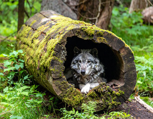 A wolf is surprisingly found resting inside a giant, hollowed-out log covered in moss in a dense forest, having claimed an unusual and natural shelter.