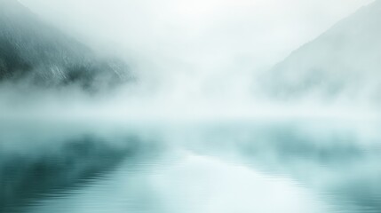 Obraz premium Misty Mountain Lake. Tranquil, serene, and ethereal scene of a lake blanketed in fog, reflecting misty mountain peaks