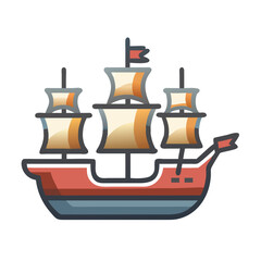 Cartoon Galleon Ship Illustration on Black Background, Pirate Ship Icon