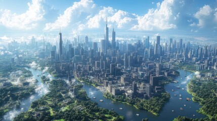 Futuristic cityscape with lush green spaces and waterways