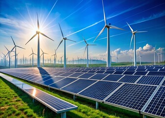 Sustainable Energy: Wind Turbines & Solar Panels Under a Vivid Blue Sky