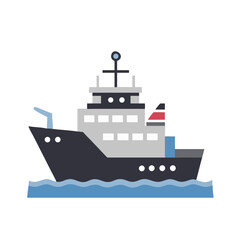 Obraz premium Flat Vector Illustration of a Cargo Ship on Blue Waves, Black Background
