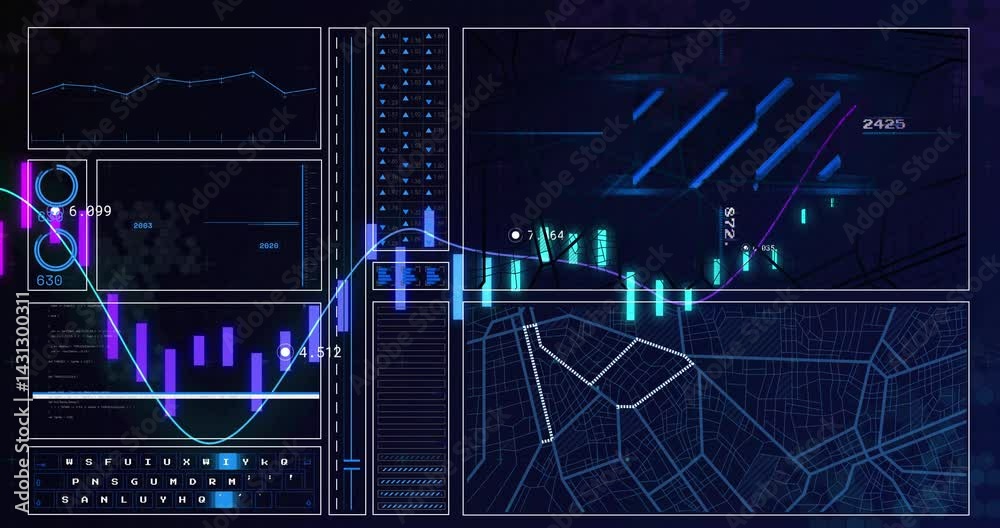 Poster Digital analytics dashboard showing neon UI panels while animating live data visualizations