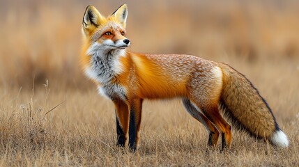 Fototapeta premium Red fox standing alert in golden meadow, looking upward with soft morning light and natural background 