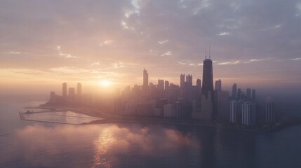 Fototapeta premium City skyline at sunrise over water. Misty morning light illuminates the urban landscape