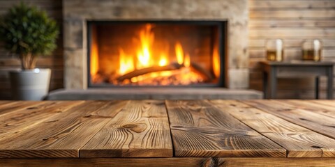 Empty wooden surface with blurred fireplace in background for product display