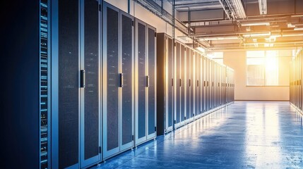 Modern data center with rows of server racks illuminated by natural sunlight through large windows. Ideal for tech infrastructure ads, IT services, or cloud computing visuals