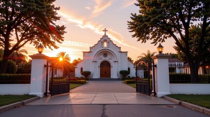 Obraz premium Mission church concept. Beautiful church entrance at sunset with lush greenery and ornate architecture.
