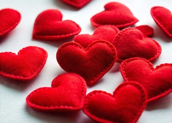 Obraz premium Valentine's Day Red Felt Hearts on White Background - Romantic Stock Photo