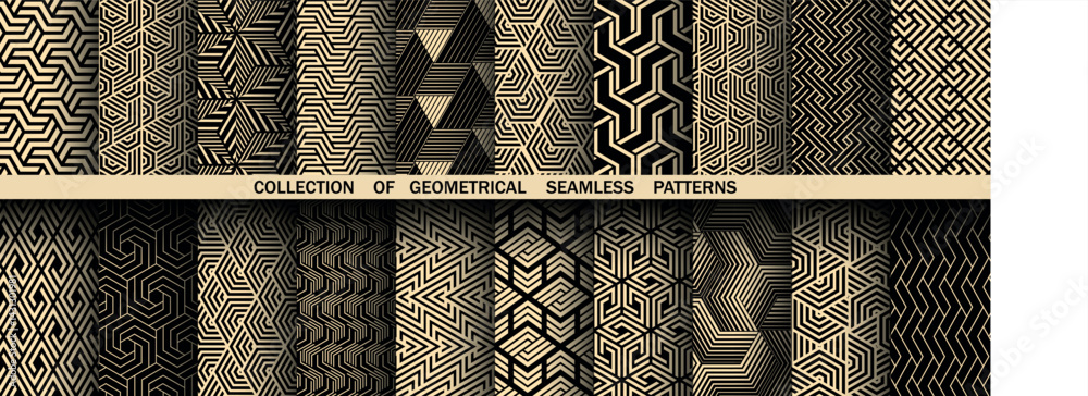 Poster Geometric set of seamless black and golden patterns. Simple vector graphics