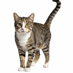 Obraz premium Elegant Tabby Cat Stretching with Confidence on White Background