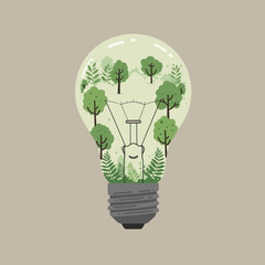 Eco-friendly light bulb filled with a lush forest scene on a soft beige background with copy space
