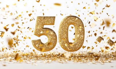 Gold Glitter Number 50 with Festive Confetti on a White Background