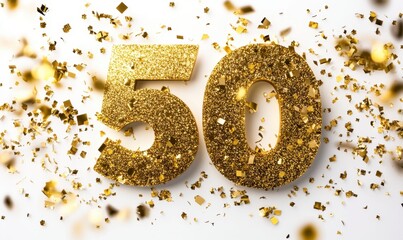 Golden Fifty Celebration with Confetti and Sparkling Numbers
